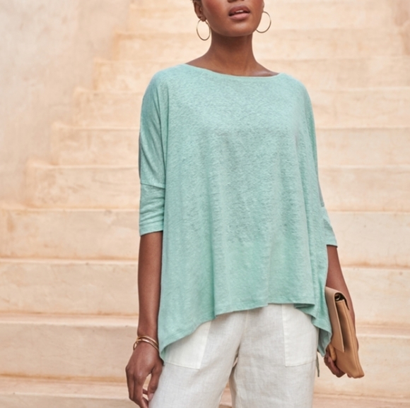 Eileen Fisher 100% Organic Linen Scoop Neck Pocket Sweater In Seafoam L - Picture 2 of 13
